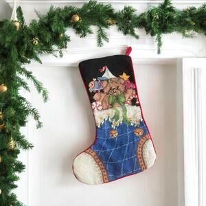 Vintage Christmas Stocking Imperial Elegance Needlepoint Teddy Bear Toy Train